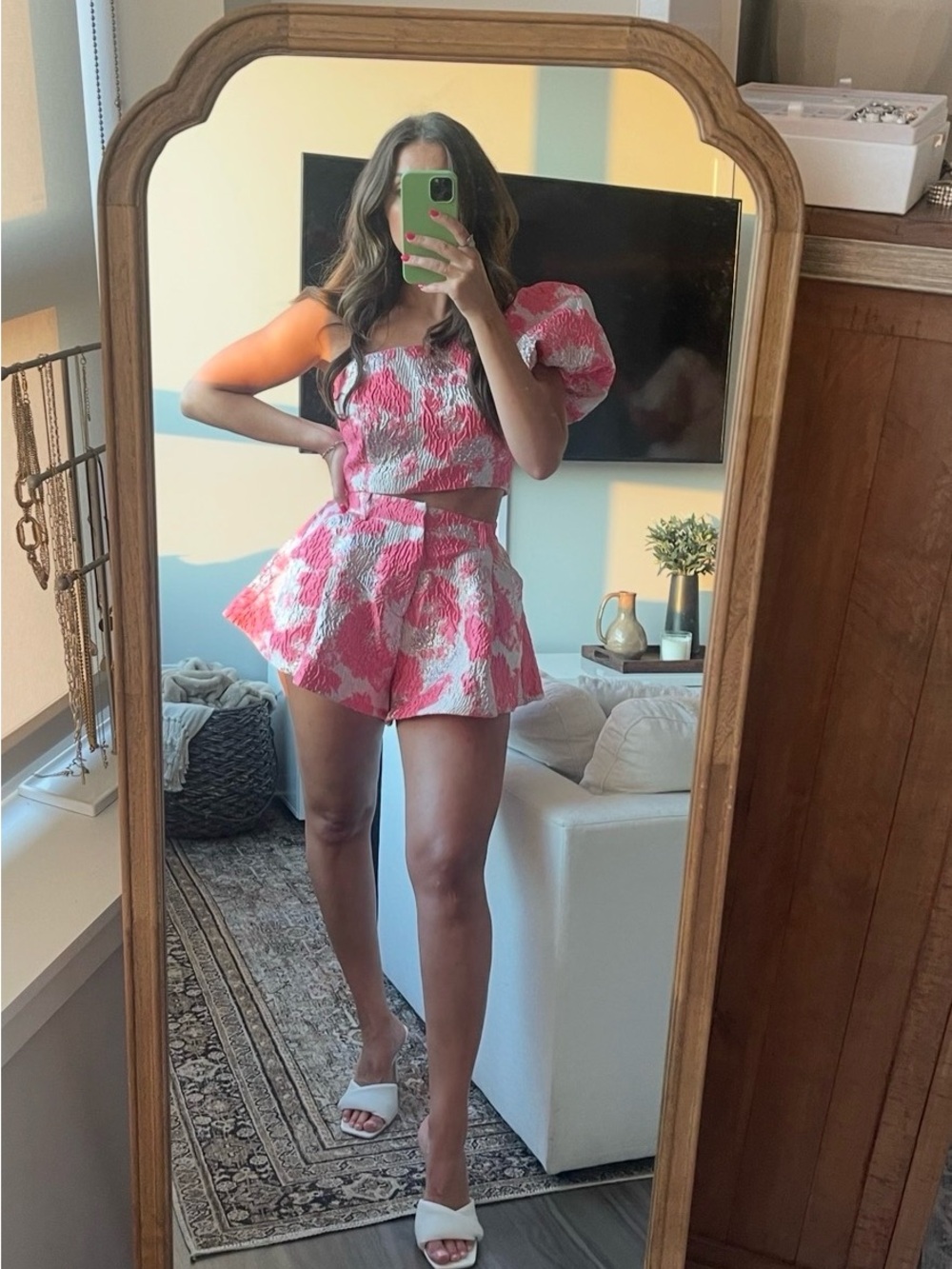 Showpo Pink and Silver Floral Textured High-Waist Women's Short Set